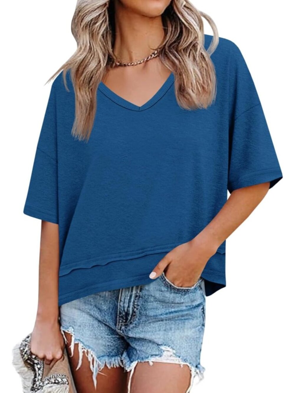 Women's Blue Summer V Neck T Shirts Casual Short Sleeve Tops Cute Loose